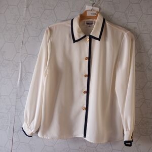 Leslie Fay White dress with navy blue collar, cuffs, and trim with gold buttons